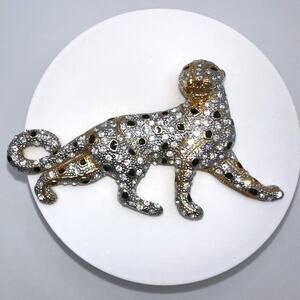 Vintage gold tone clear rhinestones black enamel leopard big cat figural brooch